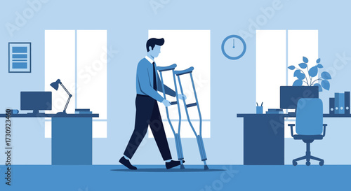 Injured businessman walking with crutches in the office representing workplace injury and recovery