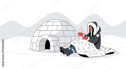 Isolated woman near igloo with a warm drink enjoying the winter landscape