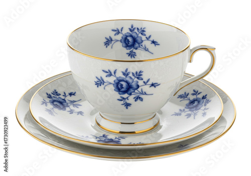 Elegant porcelain teacup and saucer set with blue floral design isolated, fine china tableware for afternoon tea and special occasions