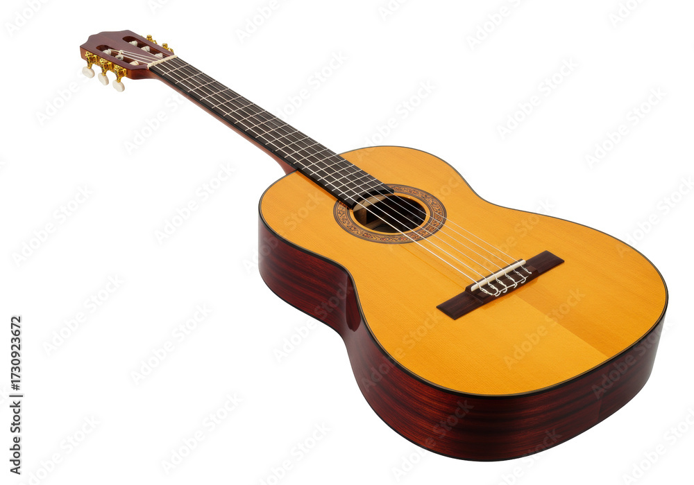 Fototapeta premium Classical acoustic guitar isolated on transparent background, musical instrument for music performance and education