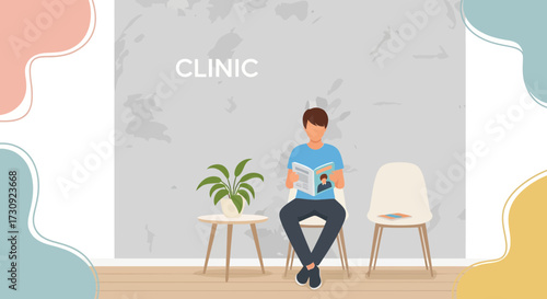 Man reading magazine in clinic waiting room, vector illustration featuring a patient in a