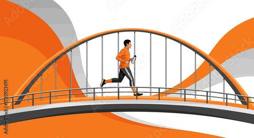 Man running on a bridge with modern abstract design and urban landscape providing a sense of