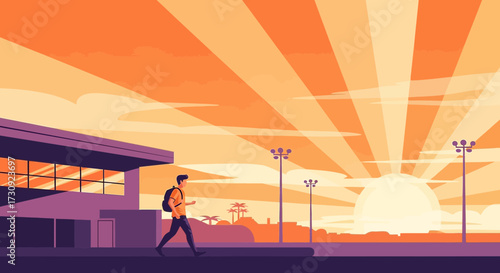 Man walking by a modern building with a sunset background colorful illustration