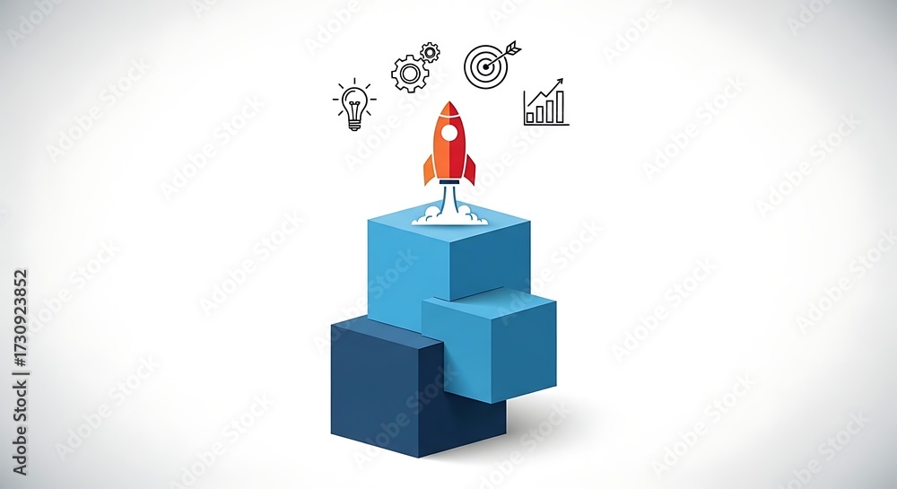 Fototapeta premium Rocket Launching on Blue Blocks with Business and Innovation Icons in Modern Style