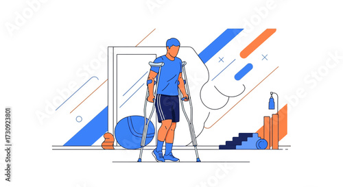 Man with crutches recovering in rehabilitation center, illustrating injury recovery and physical
