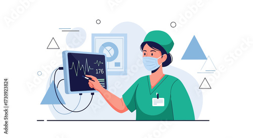 Medical professional analyzing patient's vital signs on a monitor in a hospital setting