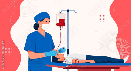 Medical professional administering blood transfusion therapy to a patient illustration