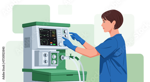 Medical Professional Operating a Ventilator Machine for Respiratory Support System in Hospital