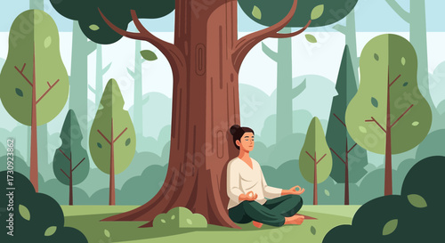 Meditative mindfulness moment woman practicing yoga under tree tranquility scene vector illustration