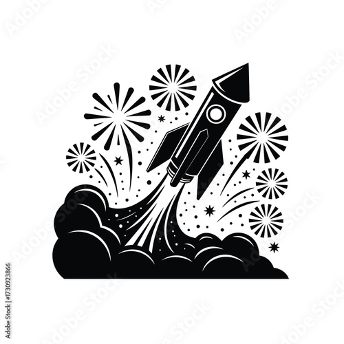 Rocket launching amidst fiery fireworks and smoke clouds artistic representation
