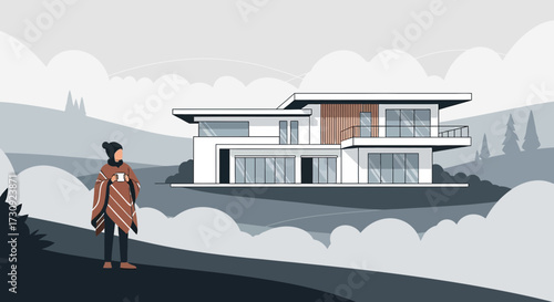 Minimalist Illustration of Modern House with Woman and Cup in Serene Landscape