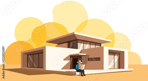 Modern House Illustration with a Person Reading, Capturing Serenity and Architectural Design