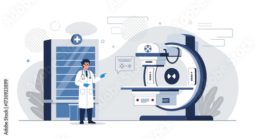 Modern healthcare infrastructure depicting a doctor and advanced scanning equipment in a hospital