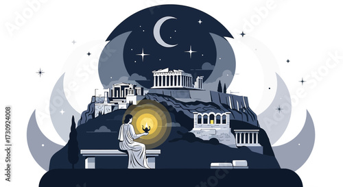 Mystical night in Athens illustration with ancient landmarks and illuminating lamp