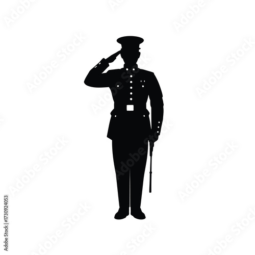 Silhouette of a uniformed military officer saluting crisply holding a sword staff