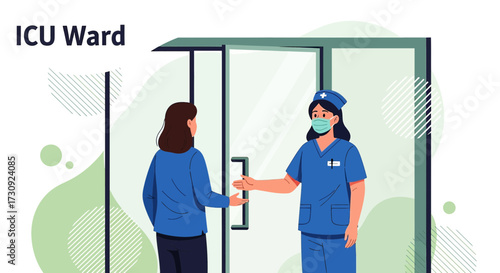 Nurse welcoming visitor to ICU ward during pandemic ensuring safety protocol is maintained