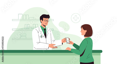 Pharmacist providing digital prescription medicine assistance to patient at pharmacy counter