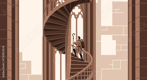 Pilgrim ascends gothic spiral staircase towards the light with determination adventure