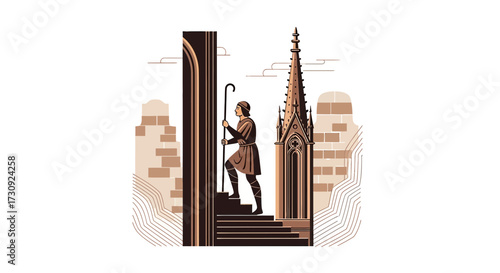 Pilgrim's Journey: A Serene Illustration of Faith and Medieval Architecture Ascent
