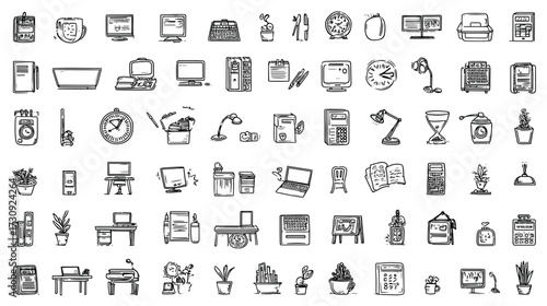 Hand-drawn collection of office and home items