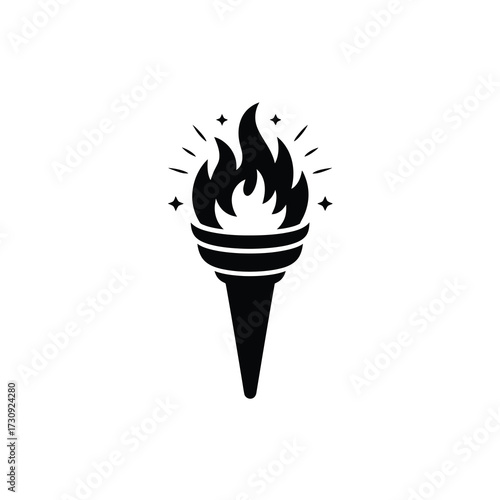 Simple black silhouette of a flaming torch with sparkles symbolizing victory and inspiration