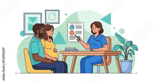 Prenatal Care and Consultation: Doctor explaining the chart to expectant couple