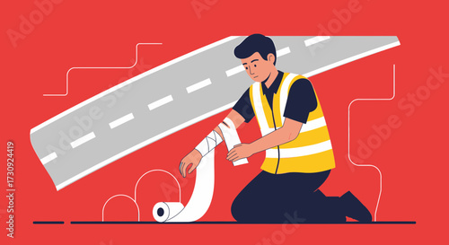 Road worker injured on duty administering first aid with bandage application