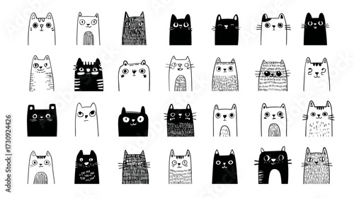 Cute hand-drawn black and white cat illustrations