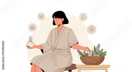 Relaxing spa day illustration featuring a woman in a bathrobe preparing herbal treatments with