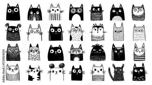 Cute cartoon cats collection in black and white