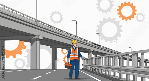 Road construction worker standing on bridge road with gear wheels illustration