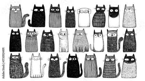 Cute cartoon cats collection in black and white