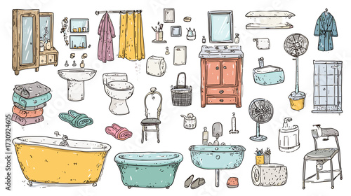 Hand-drawn bathroom items collection