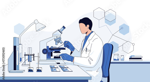 Scientist analyzing samples under a microscope in a laboratory setting illustration