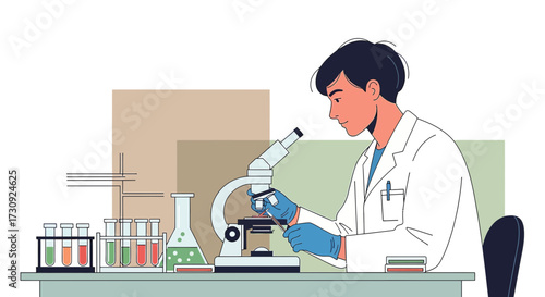 Scientist conducting research in a laboratory using a microscope and lab equipment