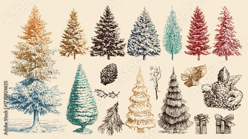 Hand-drawn tree illustrations and decorative elements