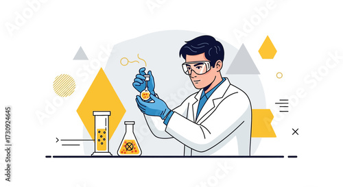 Scientist conducting research in laboratory with chemical compounds and modern design elements for