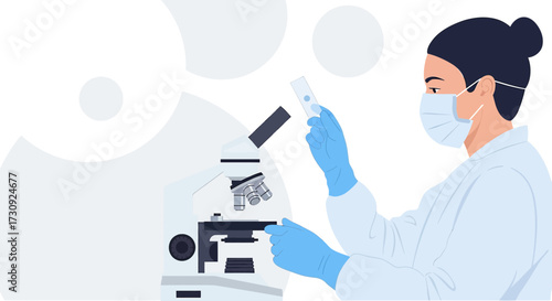 Scientist in lab coat examining sample under microscope for research and development