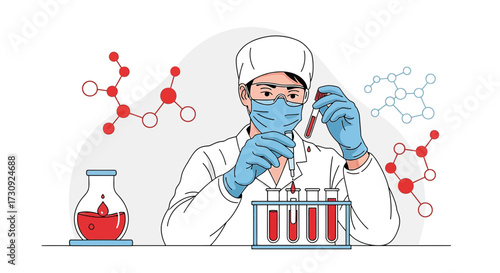 Scientist performing medical research with blood samples and molecular structures illustration