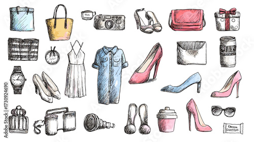 Hand-drawn fashion items collection