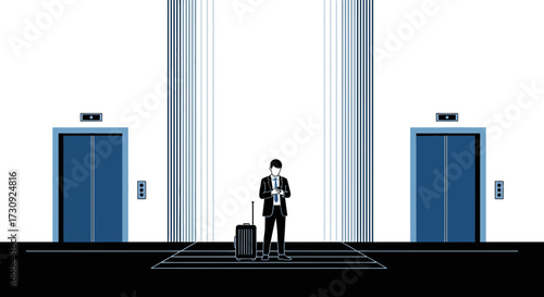 Stylized illustration of a businessman waiting for an elevator with his luggage using his phone