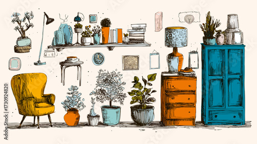 Cozy interior scene with furniture and plants
