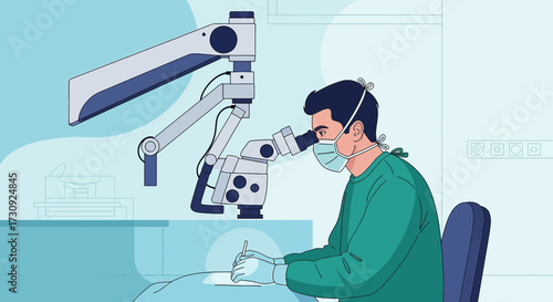 Surgeon performing a delicate procedure under a high-powered microscope in hospital setting