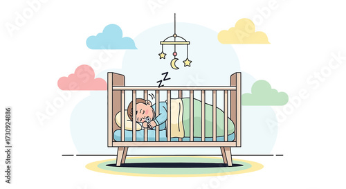Sweet dreams little one baby sleeping peacefully in a crib under a mobile of stars and moon