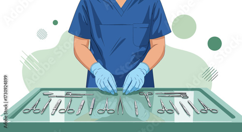 Surgical preparation illustration showcasing gloved hands arranging instruments on a sterile tray