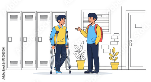 Two friendly students chatting in school hallway near lockers, showcasing student interaction and