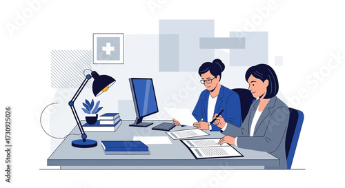 Two professional women collaborating in a modern office environment reviewing documents