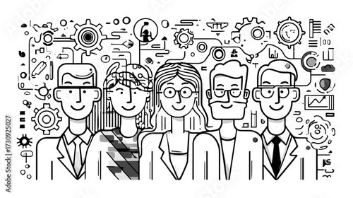 Business team illustration with gears and technology icons