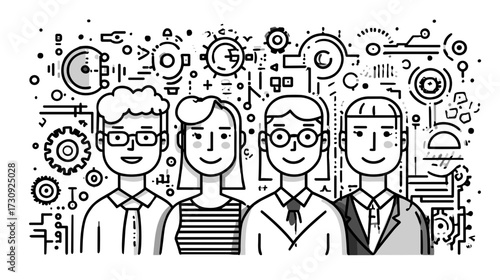 Group of cartoon characters with technology background