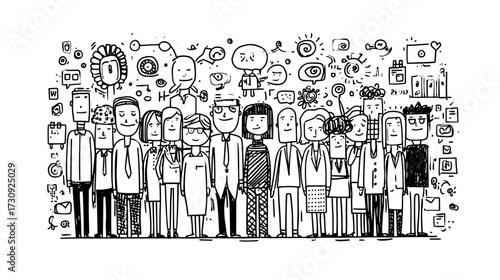 Diverse cartoon characters in black and white illustration